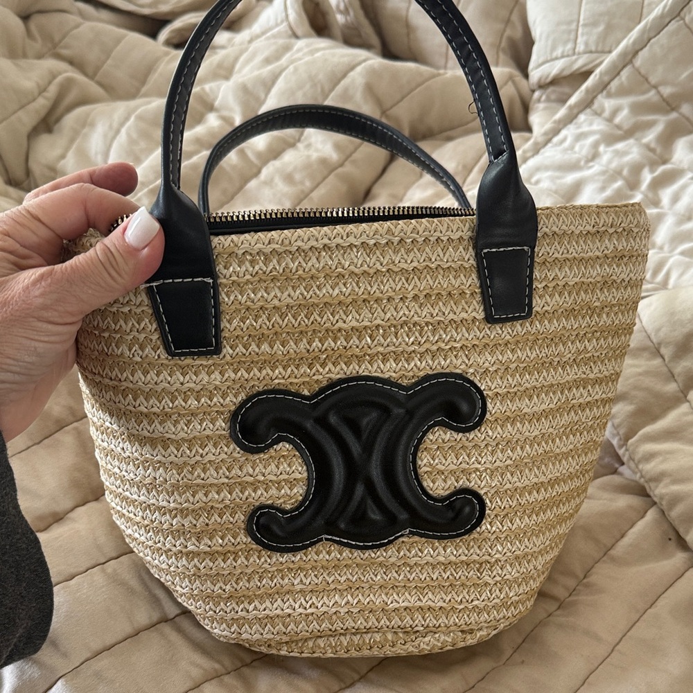 Woven Straw Tote with Black Leather Trim and Accent